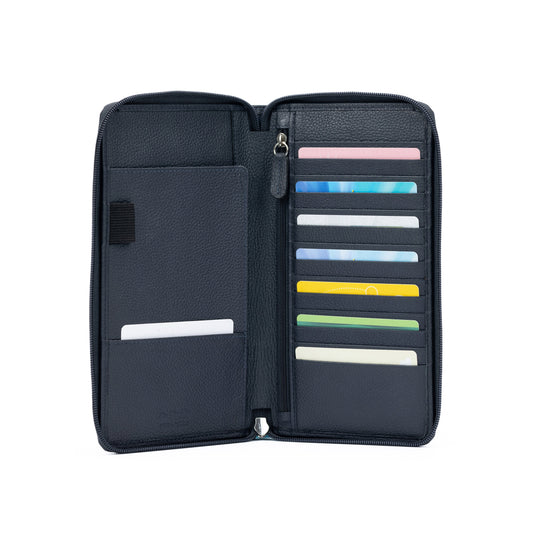 K0005DB | Suport pentru documente de călătorie din piele naturală, granulație de dolar - Culoare albastră - Dimensiuni: 12,5 x 22 x 2 cm - Ambalare: geantă TNT