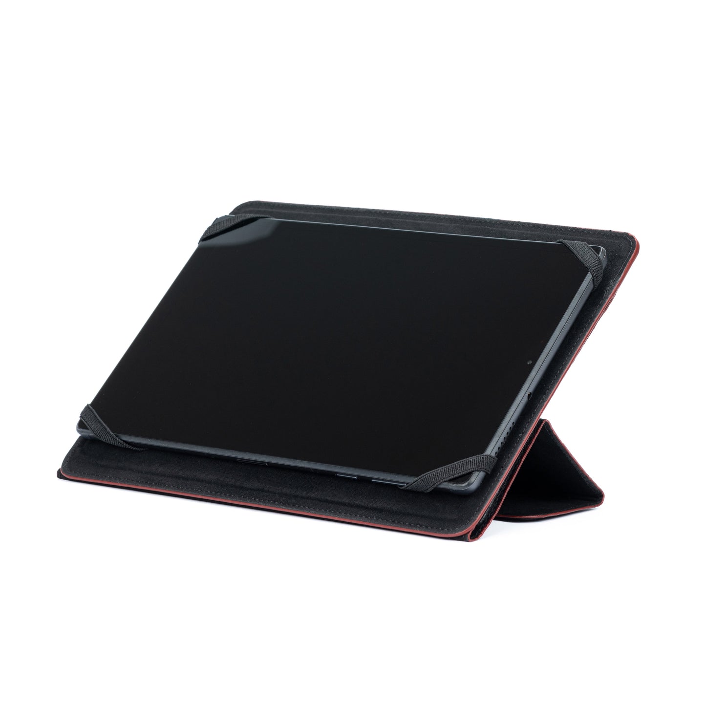 K0033AB | Husă pentru tabletă din piele naturală, granulație completă, granulație de dolar. Col.Black cu margini roșii. Închidere cu urechi contrastante. Dimensiuni: 19,5 x 25,2 x 1 cm. Ambalare: Geantă TNT