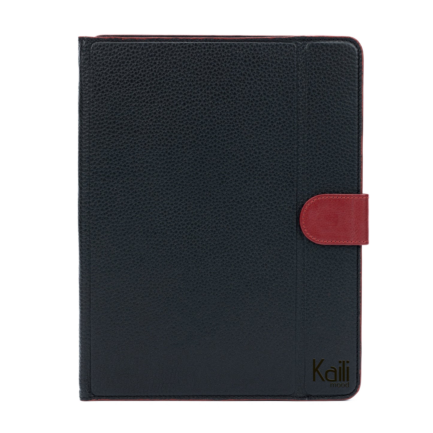 K0033AB | Husă pentru tabletă din piele naturală, granulație completă, granulație de dolar. Col.Black cu margini roșii. Închidere cu urechi contrastante. Dimensiuni: 19,5 x 25,2 x 1 cm. Ambalare: Geantă TNT
