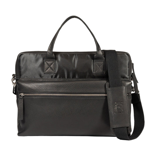 K0043AB | Servietă din nailon impermeabil/piele naturală cu granulație deschisă - Culoare neagră - Husă interioară - Accesorii argintii strălucitoare - Dimensiuni 39 x 30 x 12 cm - Ambalare: Geantă Tnt