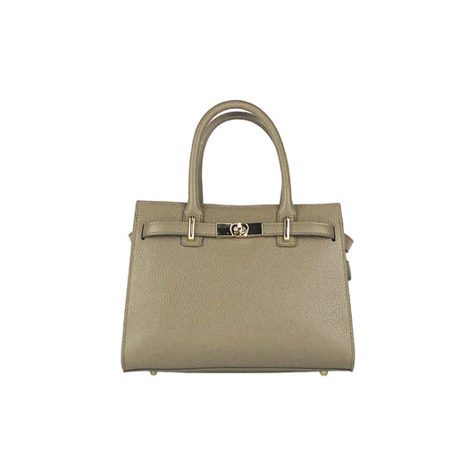 RB1016AQ | Geantă de mână pentru femei din piele naturală Made in Italy cu curea de umăr detașabilă. Accesorii cu cârlige metalice aurii strălucitoare - Culoare taupe - Dimensiuni: 28 x 20 x 14 + 12,5 cm