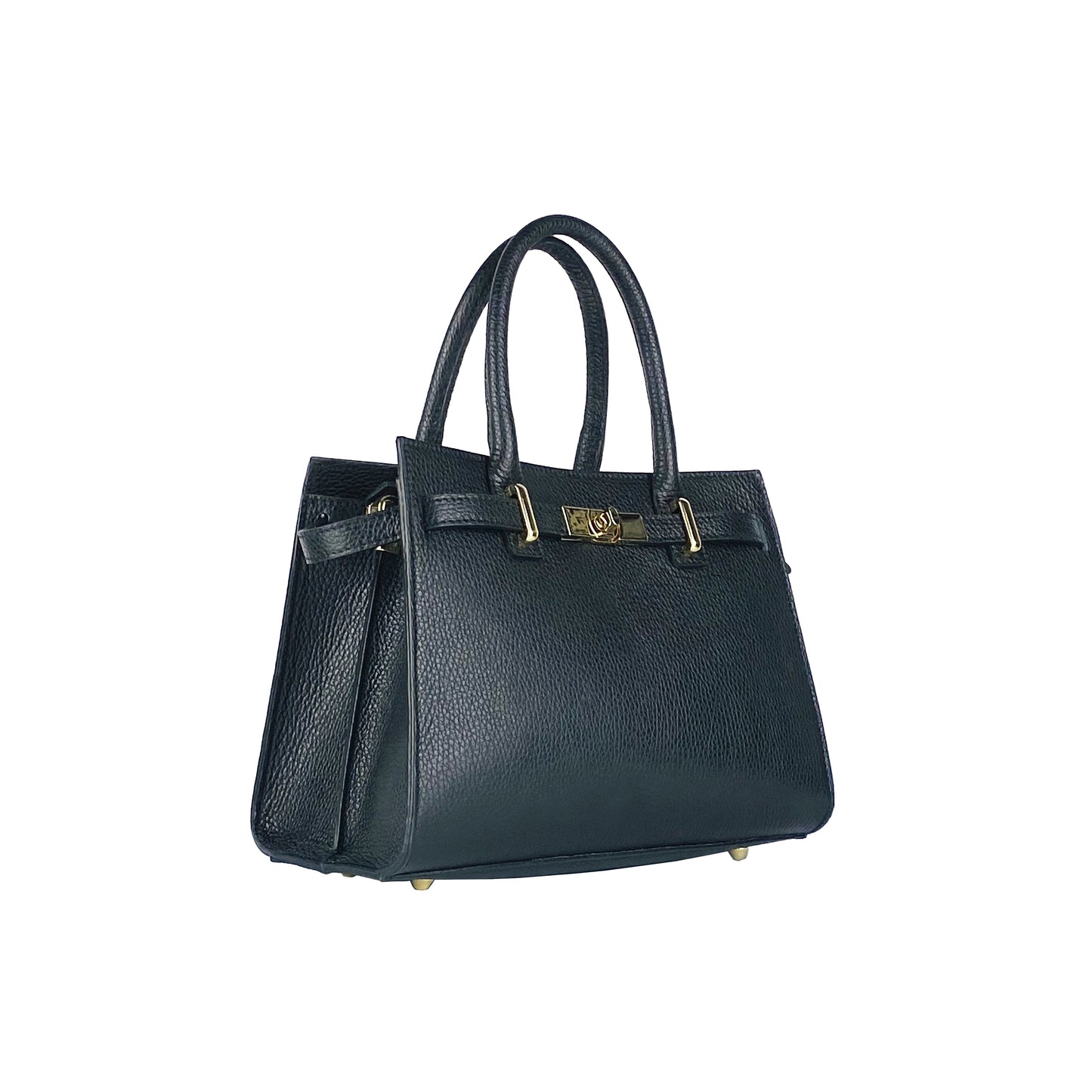 RB1016A | Geantă de mână pentru femei din piele naturală Made in Italy cu curea de umăr detașabilă. Accesorii cu cârlige metalice aurii strălucitoare - Culoare neagră - Dimensiuni: 28 x 20 x 14 + 12,5 cm