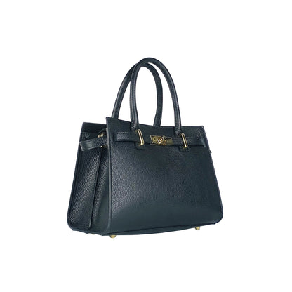 RB1016A | Geantă de mână pentru femei din piele naturală Made in Italy cu curea de umăr detașabilă. Accesorii cu cârlige metalice aurii strălucitoare - Culoare neagră - Dimensiuni: 28 x 20 x 14 + 12,5 cm