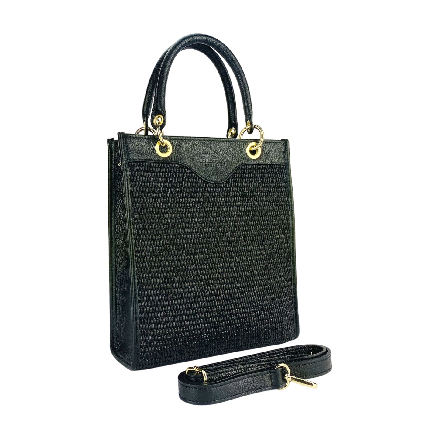 RB1026A | Geantă de mână verticală pentru femei din piele naturală și paie Made in Italy. Curea de umăr din piele detașabilă și reglabilă. Accesorii auriu lustruit - Culoare neagră - Dimensiuni: 24 x 29 x 9 cm