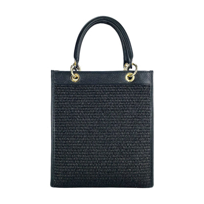 RB1026A | Geantă de mână verticală pentru femei din piele naturală și paie Made in Italy. Curea de umăr din piele detașabilă și reglabilă. Accesorii auriu lustruit - Culoare neagră - Dimensiuni: 24 x 29 x 9 cm