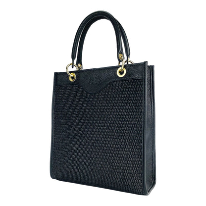 RB1026A | Geantă de mână verticală pentru femei din piele naturală și paie Made in Italy. Curea de umăr din piele detașabilă și reglabilă. Accesorii auriu lustruit - Culoare neagră - Dimensiuni: 24 x 29 x 9 cm
