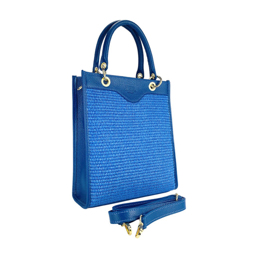 RB1026CH | Geantă de mână verticală pentru femei din piele naturală și paie Made in Italy. Curea de umăr din piele detașabilă și reglabilă. Accesorii aurii lustruite - Culoare albastru regal - Dimensiuni: 24 x 29 x 9 cm
