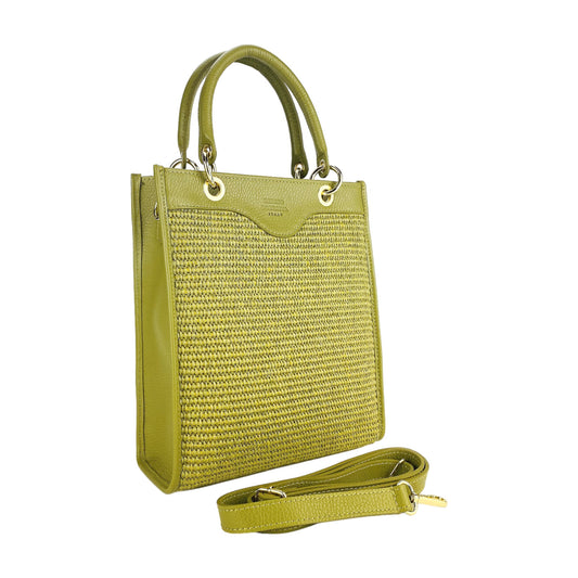 RB1026CM | Geantă de mână verticală pentru femei din piele naturală și paie Made in Italy. Curea de umăr din piele detașabilă și reglabilă. Accesorii aurii lustruite - Culoare fistic - Dimensiuni: 24 x 29 x 9 cm