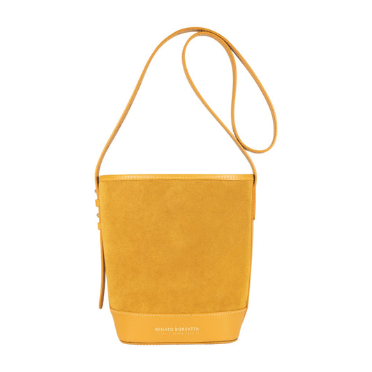 RB1031AR | Geantă bucket pentru femei BRENDA din piele naturală fabricată în Italia. Accesorii metalice aurii lucioase - Culoare muștar - Dimensiuni: cm 25 x 23,5 x 17
