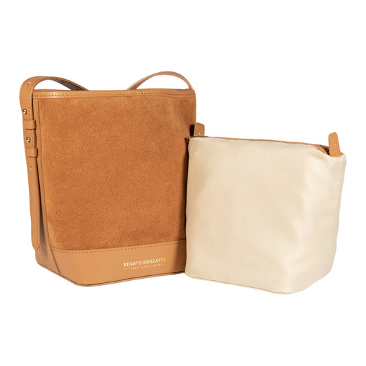 RB1031CQ | Geantă bucket pentru femei BRENDA din piele naturală fabricată în Italia. Accesorii Metal Auriu Strălucitor - Culoare Piele - Dimensiuni: cm 25 x 23,5 x 17
