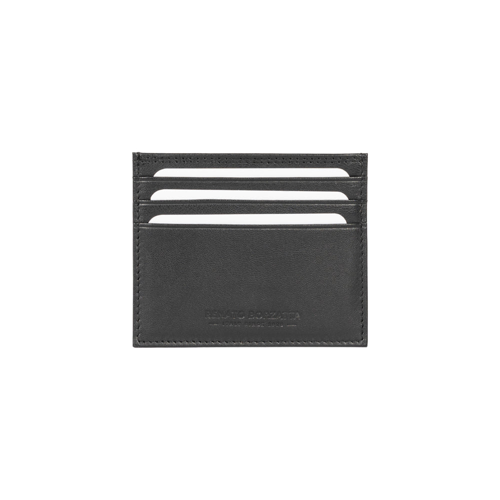 RB12016A | Suport pentru carduri de credit din piele naturală naturală, cu granulație ușoară. Culoare neagră. Protecție RFID. Dimensiuni: 10 x 8 x 0,5 cm. Ambalare: Cutie cadou Bottom/Capac