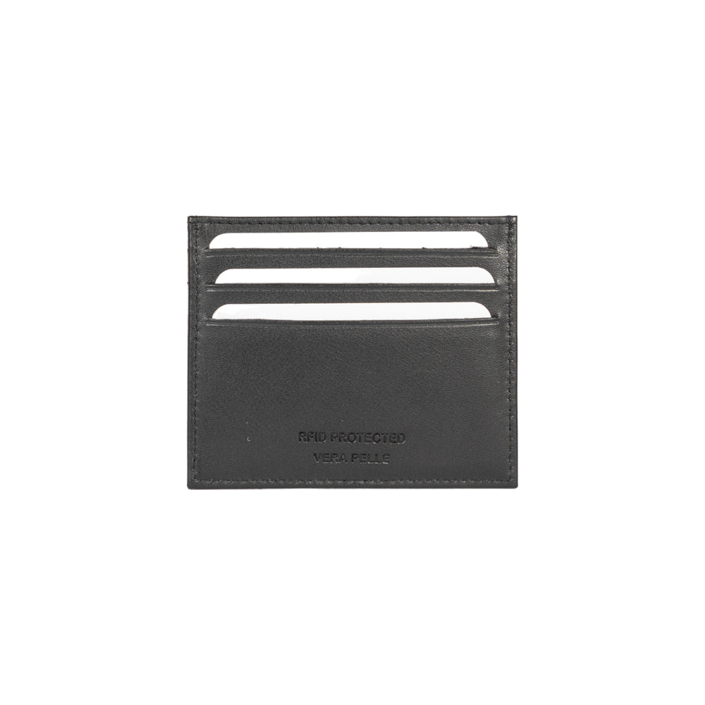 RB12016A | Suport pentru carduri de credit din piele naturală naturală, cu granulație ușoară. Culoare neagră. Protecție RFID. Dimensiuni: 10 x 8 x 0,5 cm. Ambalare: Cutie cadou Bottom/Capac